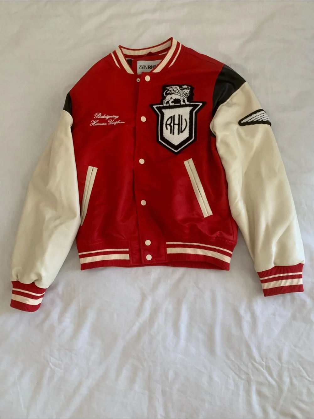 Zara x Rhuigi "RHU" Patches Varsity Bomber Jacket - Red/Cream - Size Small - Picture 3 of 15